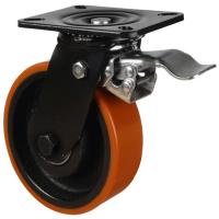 150mm Polyurethane on Cast Iron Swivel Braked Castor [500kg max load]