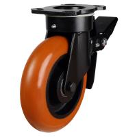 200mm Round Profile Polyurethane on Cast Iron Swivel Braked Castor [800kg max load]