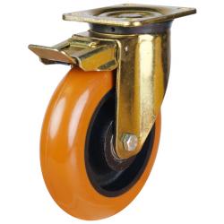 150mm Round Profile Polyurethane on Cast Iron Swivel Braked Castor [650kg max load]